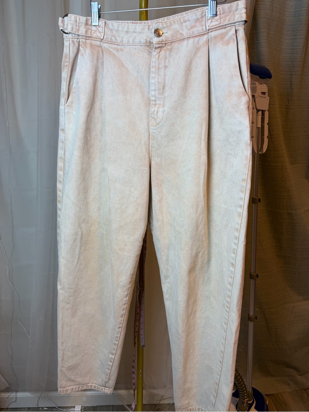 ASOS Trousers Ecru/Stone Wash Pleated Front Built in Side Buckles Size 34W 36L